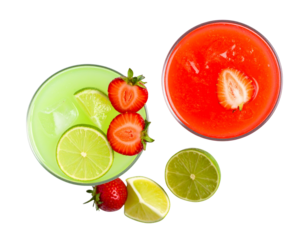  Overhead View of Strawberry and Lime Margaritas with Fresh Fruit Garnish, Summer Cocktail Concept