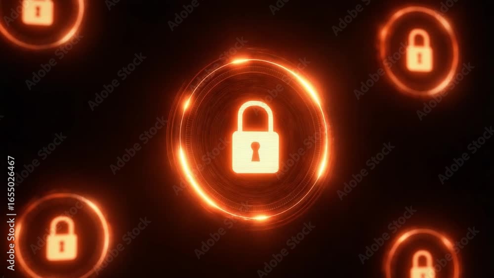 Poster cybersecurity illumination: abstract visualization of digital security, featuring luminous padlocks 