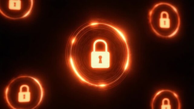 Cybersecurity Illumination: Abstract visualization of digital security, featuring luminous padlocks in an infinite space of protection. Glowing circles symbolize layers of defence.