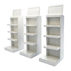 Three white retail display shelving units isolated on transparent background