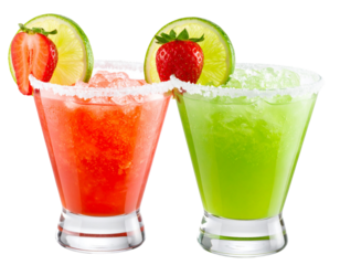 Classic Lime and Strawberry Margaritas in Salt-Rimmed Glasses, Isolated on Transparent Background