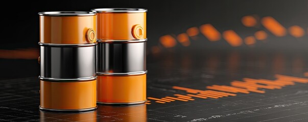 Two orange oil barrels on a dark surface with financial data