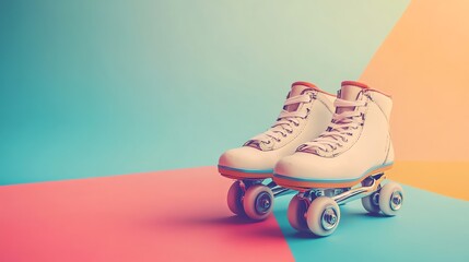 A pair of white roller skates with orange accents sits on a pastel blue, pink, and yellow background.