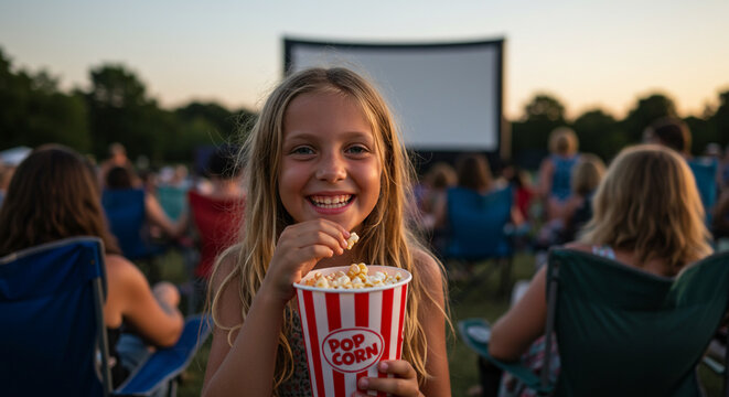 A smiling girl holds popcorn at an outdoor movie screening with a crowd in the background at dusk