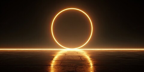 Abstract glowing golden oval archway on a dark stone floor