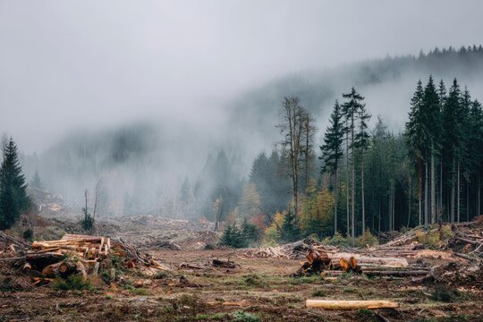 Misty forest clearing, fallen trees