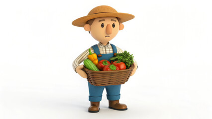 3D cartoon male farmer with fresh vegetable basket rural farming lifestyle illustration