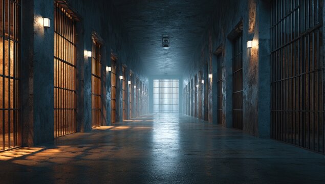 A long, dark prison corridor