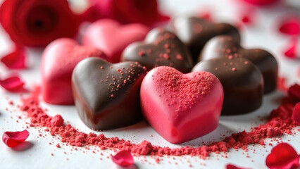 Obraz premium Delightful heart-shaped chocolates in dark and pink hues are artistically arranged with rose petals, perfect for romantic occasions and celebrations.