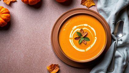 Pumpkin soup autumn leaves creamy soup orange soup fall food cozy meal spoon napkin warm flat lay seasonal dish