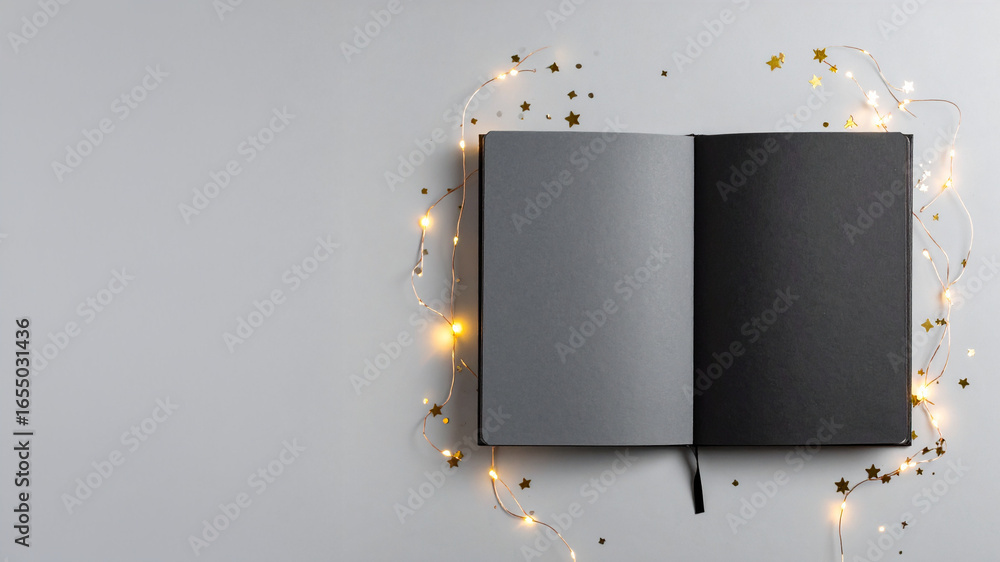 Poster an open, blank notebook with a light gray and black page, centered on a light gray background. it's 