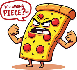 Angry pizza slice with penny challenge pose, funny fast food character vector