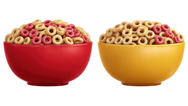 Two bowls of cereal.  One red, one yellow, filled with ring-shaped cereal, some with red toppings