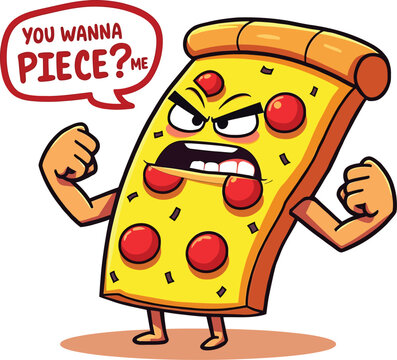 Angry pizza slice with penny challenge pose, funny fast food character vector