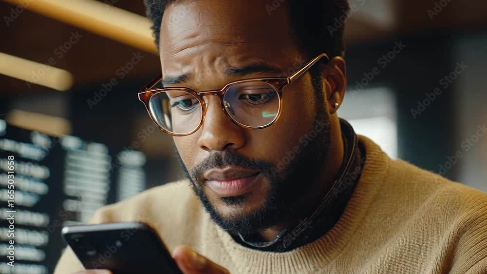Poster a man engrossed in a mobile device, focused on information displayed on a screen.