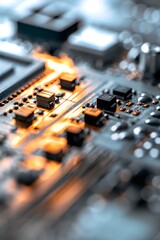 closeup of glowing circuit board with electronic components