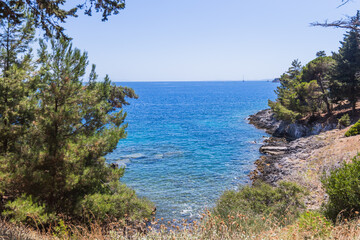 Historic Vido island coastline, known as Blue Tomb where Serbian soldiers were buried at sea during...