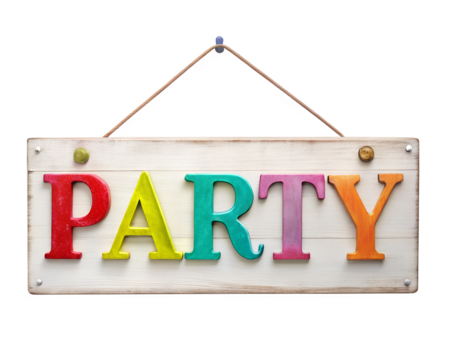 A wooden sign with the word party in colorful letters, isolated on transparent background