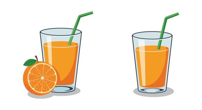 Two glasses of orange juice with straws and an orange