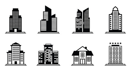 Collection of various city buildings and skyscrapers in black and white