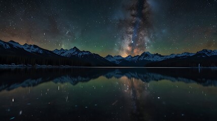 Milky Way galaxy reflected in mountain lake under starry night sky with aurora glow