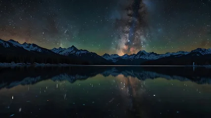 Keuken achterwand Reflectie Milky Way galaxy reflected in mountain lake under starry night sky with aurora glow  © PixelMind Creations