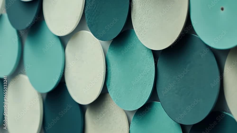 Poster a close-up view of a textured wall design featuring overlapping circles in various shades of teal an