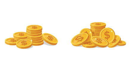 Golden dollar coins stacked and scattered on a white background