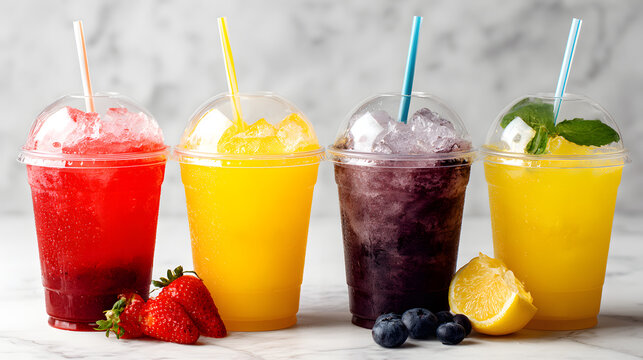 Different types of lemonade in a clear plastic cups with lid and straws. Strawberry blueberry and regular lemonade. Feel of to-go restaurant advertising on a white background