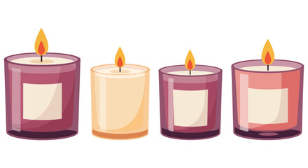 Four colorful candles with flames on a white background