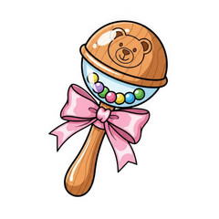 A cute baby rattle with a bear design and pink bow isolated on transparent background, perfect for babyrelated designs and illustrations
