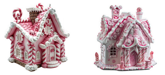 Fototapeta premium Two pink and white gingerbread houses with candy decorations isolated on transparent background