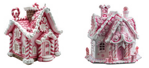 Two pink and white gingerbread houses with candy decorations isolated on transparent background
