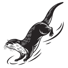 Dynamic Black and White Illustration of an Otter Leaping into Water, Monochrome Wildlife Design, Vector Graphic