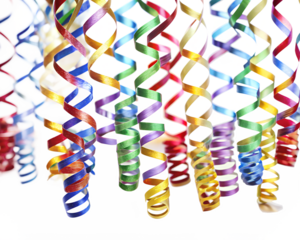 Colorful party streamers hanging and swirling, isolated on transparent background