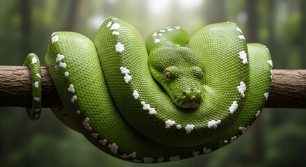 A green tree python coiled on a branch with white spots looking directly at the camera in the forest