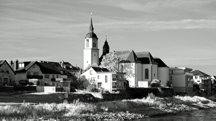 Black and white landscape of Ardenach, which is a small village on the banks of the Rhine River in...