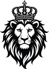 Obraz premium Royal lion head wearing a crown, regal king mascot crest in classic black and white vector