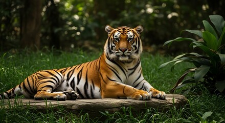 A majestic tiger resting on a rock amidst lush greenery in its natural habitat with sunlight filtering through