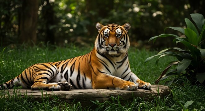 A majestic tiger resting on a rock amidst lush greenery in its natural habitat with sunlight filtering through - Powered by Adobe