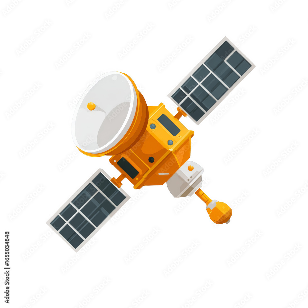 Poster flat vector icon of a satellite communication device with solar panels for digital use and design pr