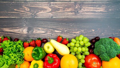 Colorful fruits and vegetables arranged on a dark wooden table