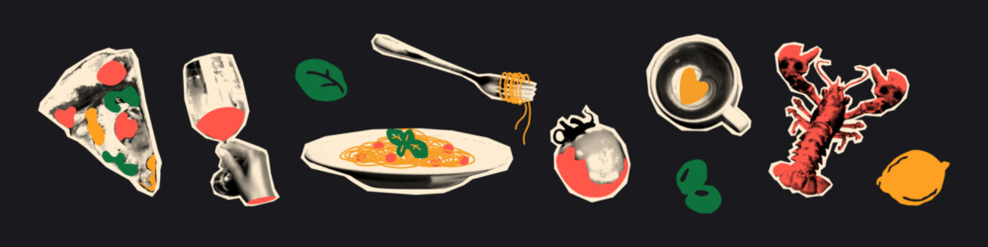 Naklejki Trendy halftone art collage elements set. Italian food stickers with vintage dot texture and doodles, pizza, wine, lobster, lemon, pasta, spaghetti and basil. Modern retro grunge vector illustration