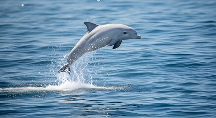 Fototapeta premium A dolphin leaping out of the ocean water with splashes of water visible in the bright sunlight outdoors