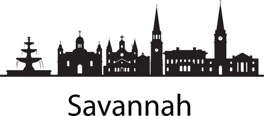 Black Silhouette Skyline of Savannah Georgia with Fountain and Church Spires on White Background vector
