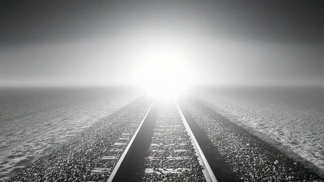 A monochrome image depicts a pair of train tracks vanishing into a bright light at the horizon, set against a misty, flat landscape.