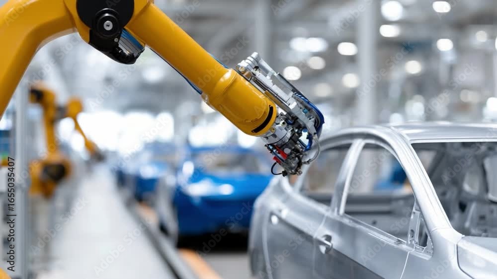 Poster robotic assembly line: a vibrant, close-up view captures a yellow robotic arm meticulously placing p
