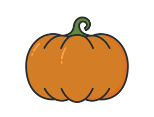 Cartoon-style illustration of an orange pumpkin with a green stem, featuring smooth segments outlined with curved lines. Vegetable, harvest and Halloween symbol.