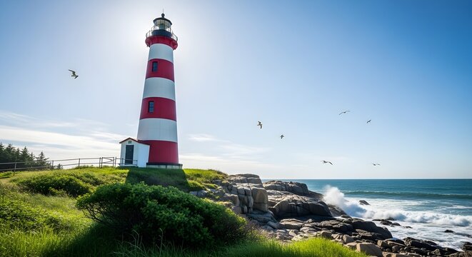 A bright lighthouse with red and white stripes stands tall on a rocky coast under a clear blue sky