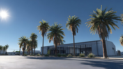 Fototapeta premium Modern warehouse, palm trees, sunny day, empty lot